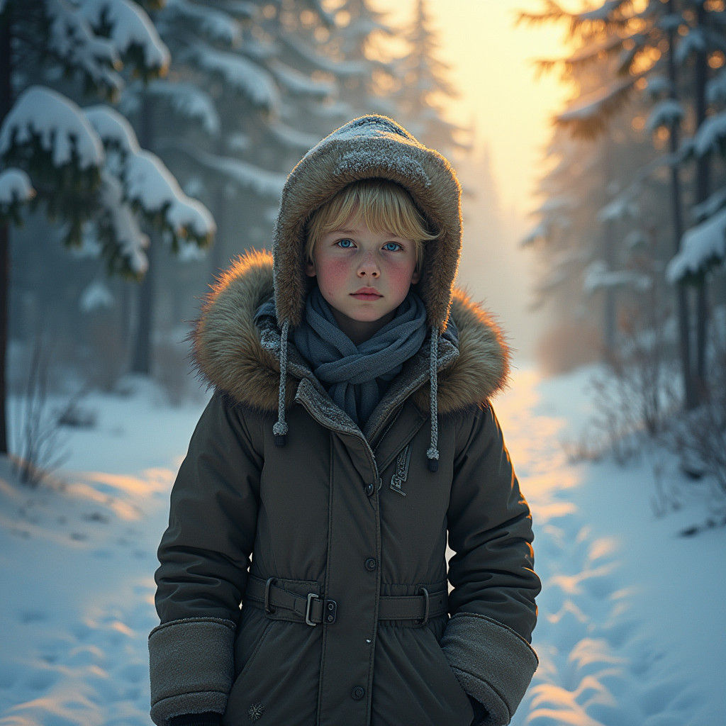 Boy in Snowy Slavic Landscape, Digital Matte Painting