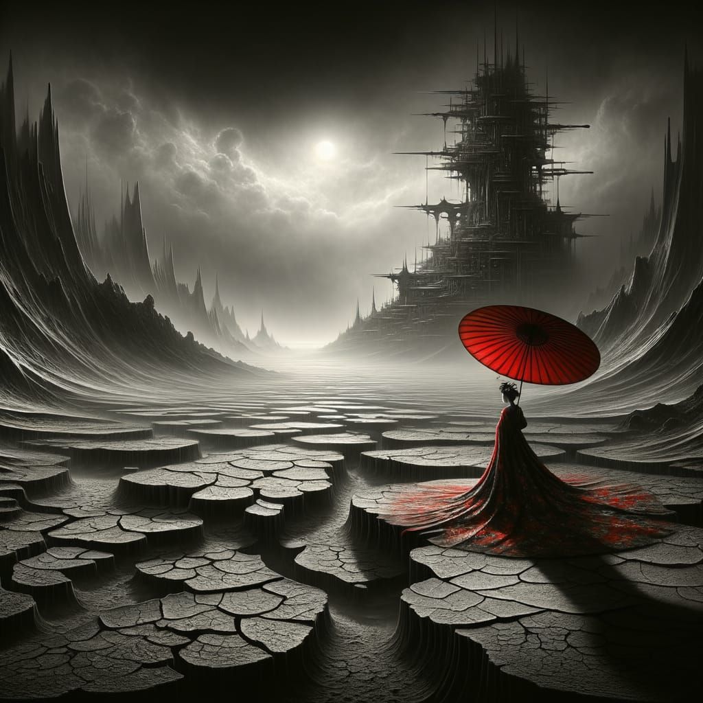 Geisha with Red Umbrella in Surreal Landscape