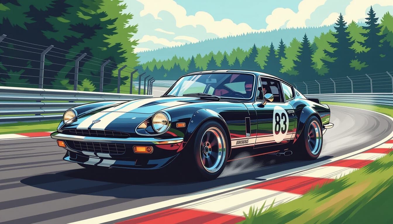Retro Sports Car on Nürburgring in Comic Style