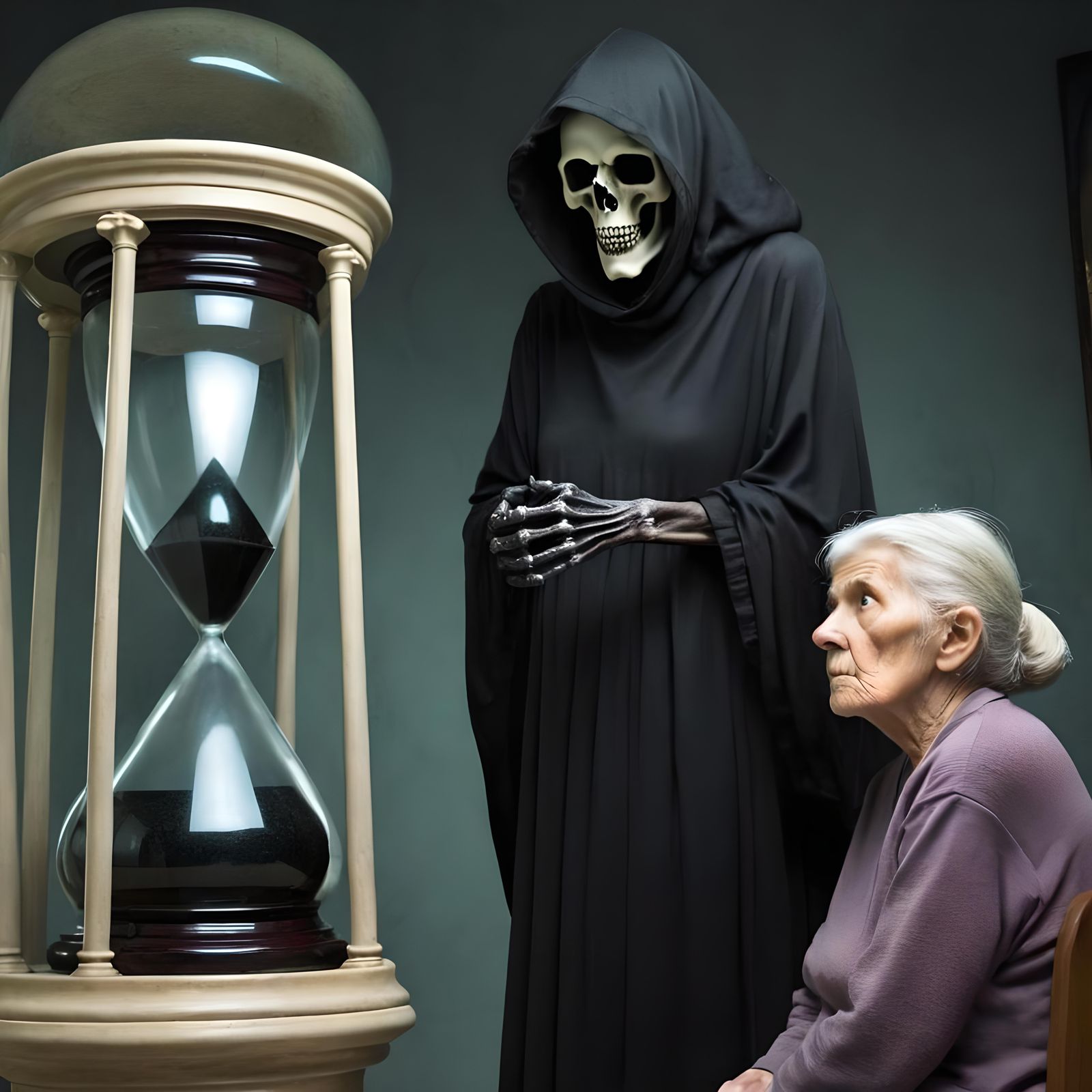 Grim Reaper and Elderly Woman with Hourglass