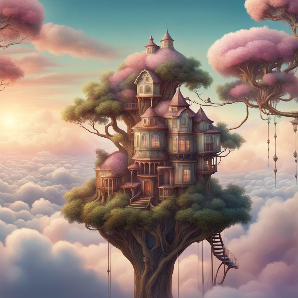 Pastel Treehouse Villages Above Clouds in Art Deco Style