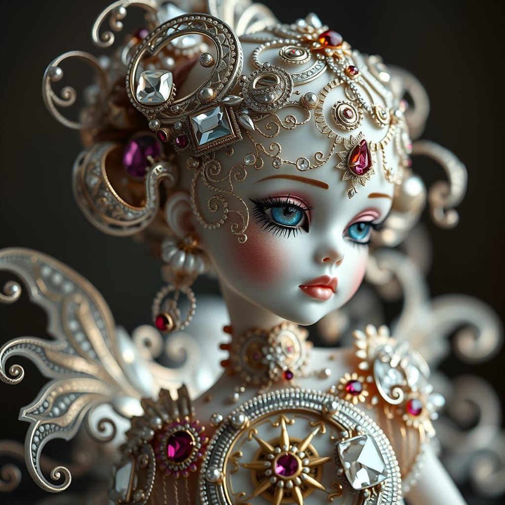 Clockwork Doll Adorned with Crystals and Jewels in an Art No...