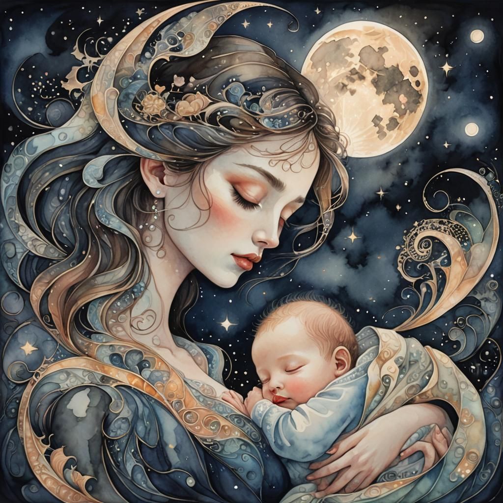 Watercolor Painting of Mother Kissing Sleeping Baby