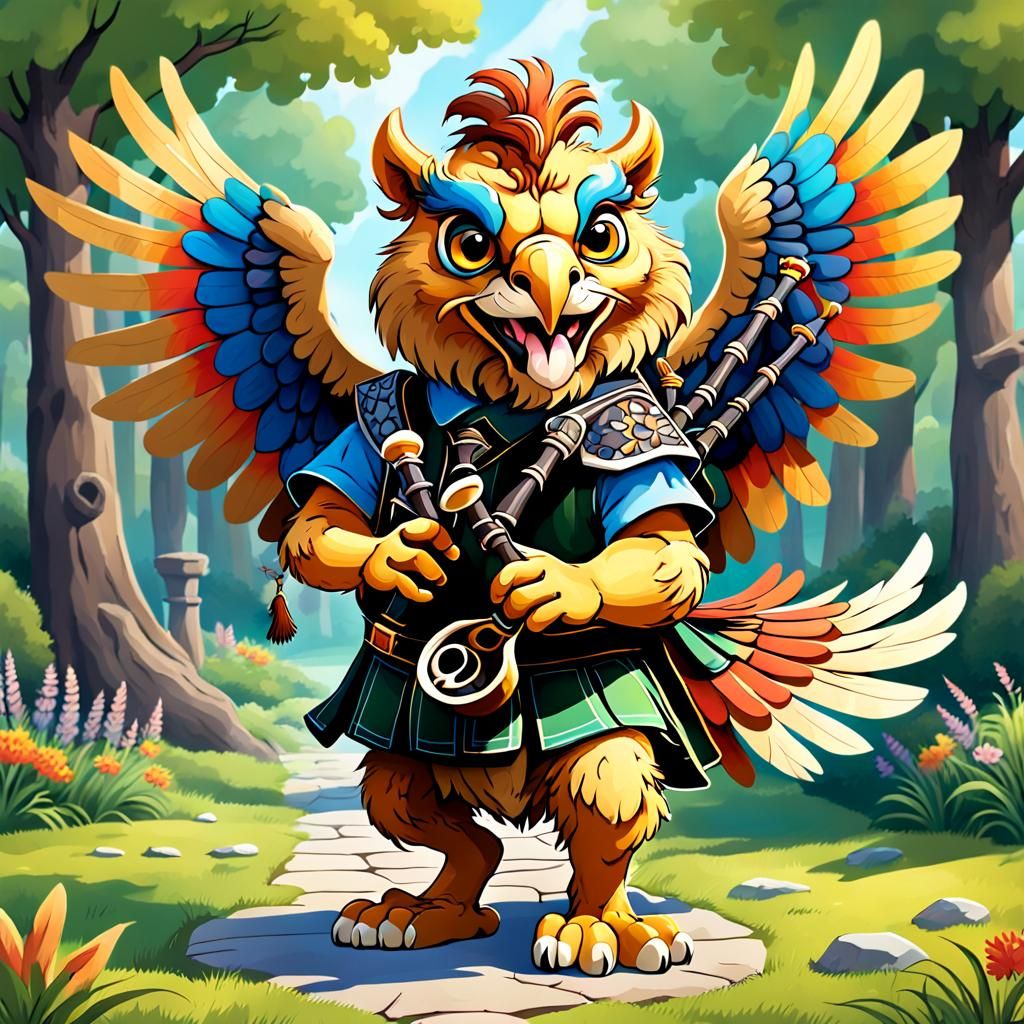 Cartoon Gryphon Plays Bagpipe with Joyful Melody