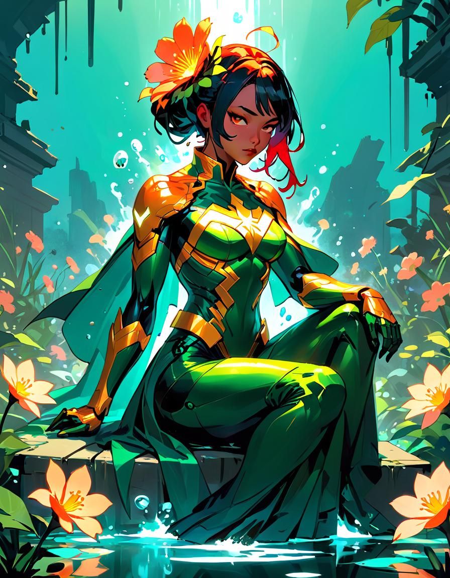 Superheroine in Peach Garden, Mignola Style