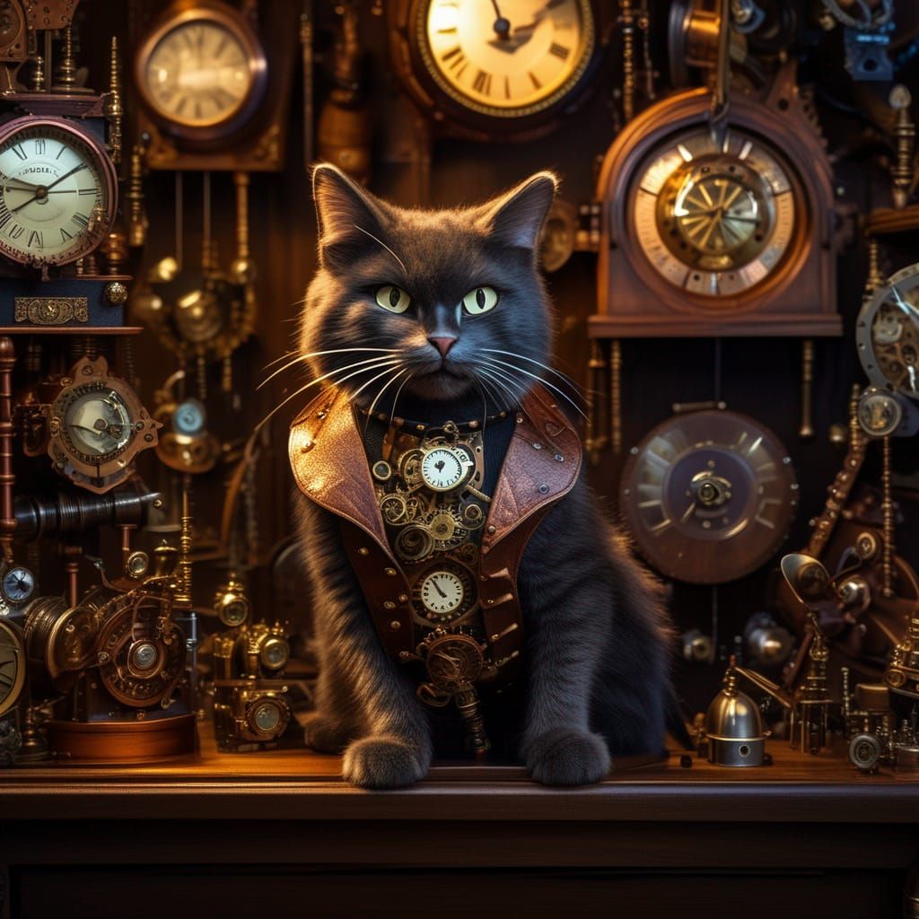 Steampunk Cat Building a Cuckoo Clock