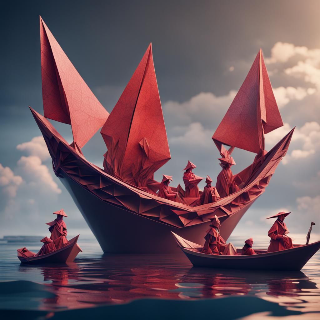 Origami People on Boats: Detailed Fantasy Art