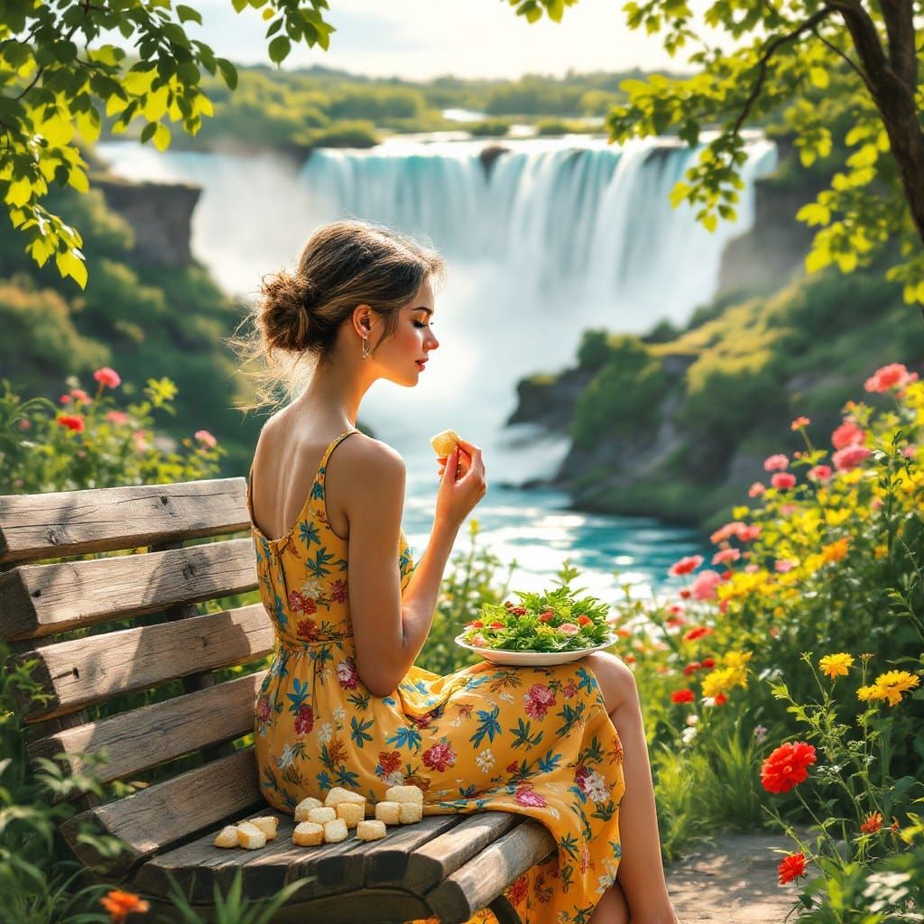 Woman Eating Salad with Niagara Falls, Impressionistic Style
