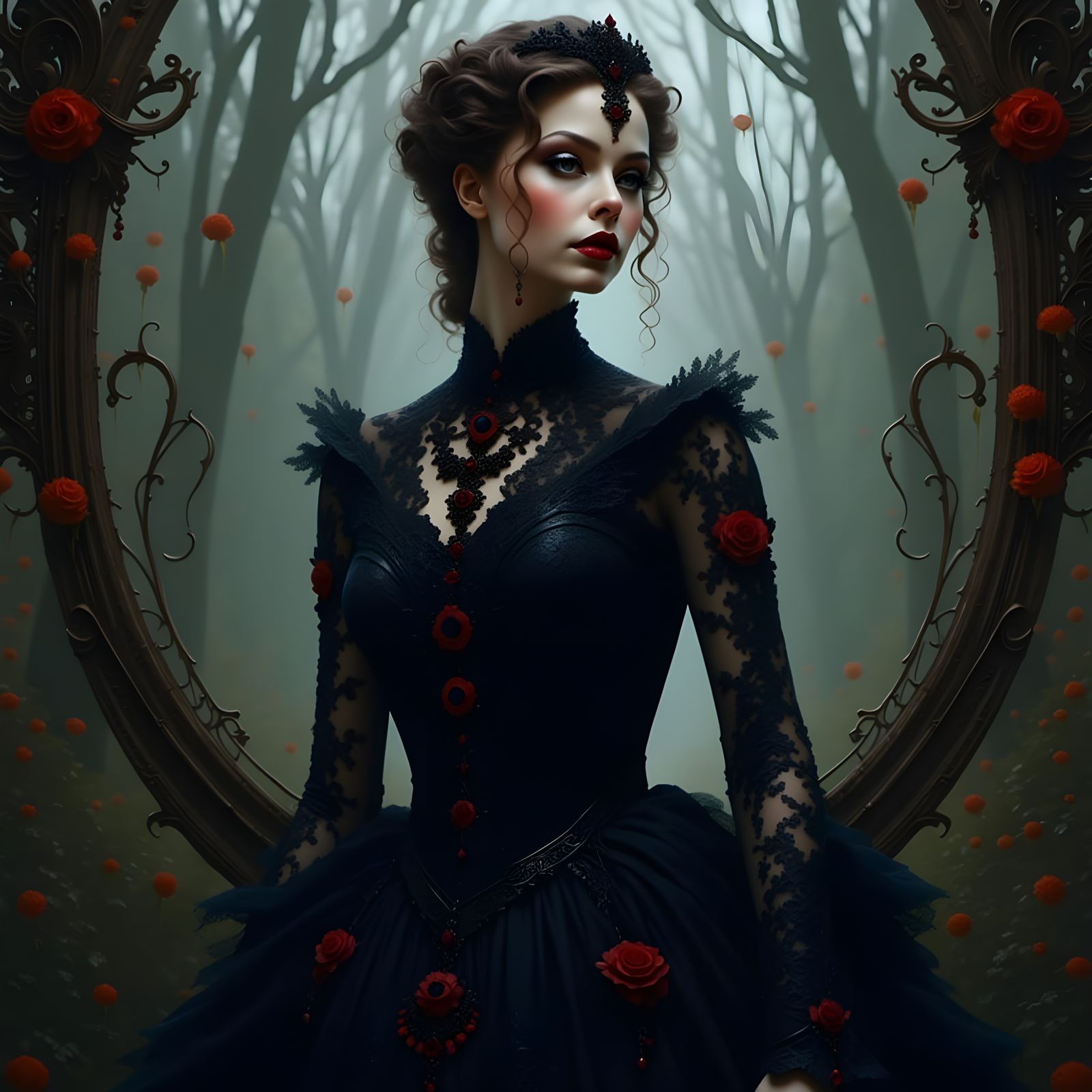 Gothic Beauty in Elegant Black Gown with Luxurious Textures...