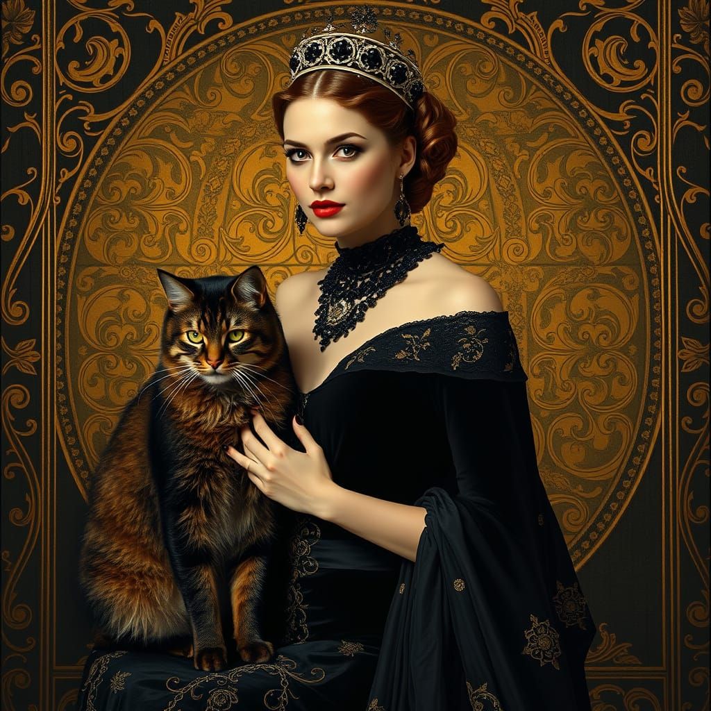 Elegant Woman with Majestic Cat in Golden Opulence