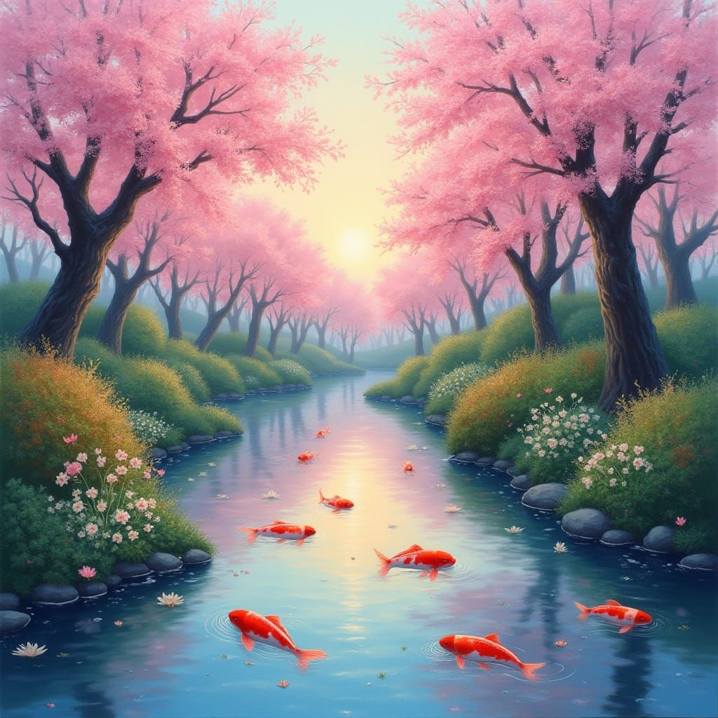 Serene Koi Pond in Impressionist Style at Sunrise