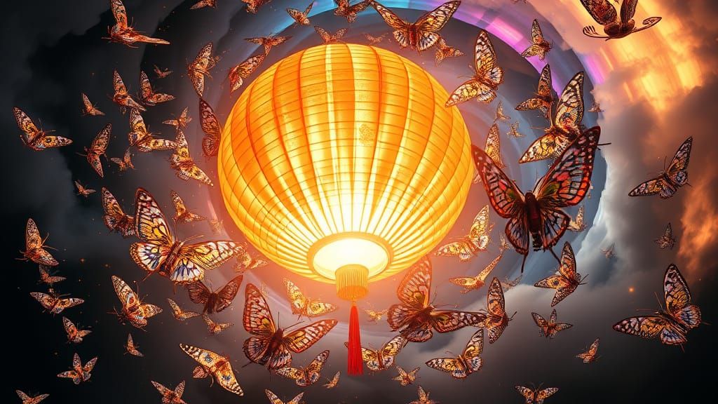 Giant Rainbow Lantern with Bioluminescent Moths