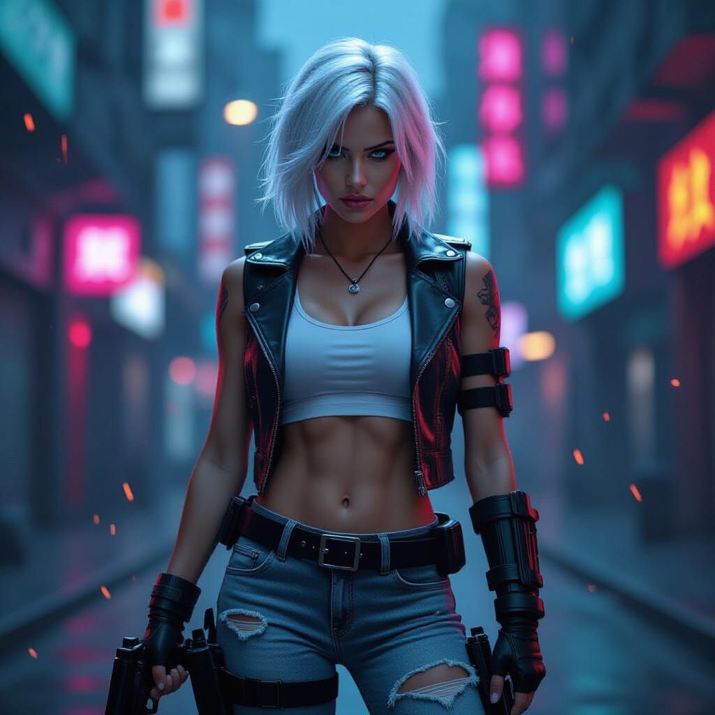 Cyberpunk Warrior Woman in Neon City