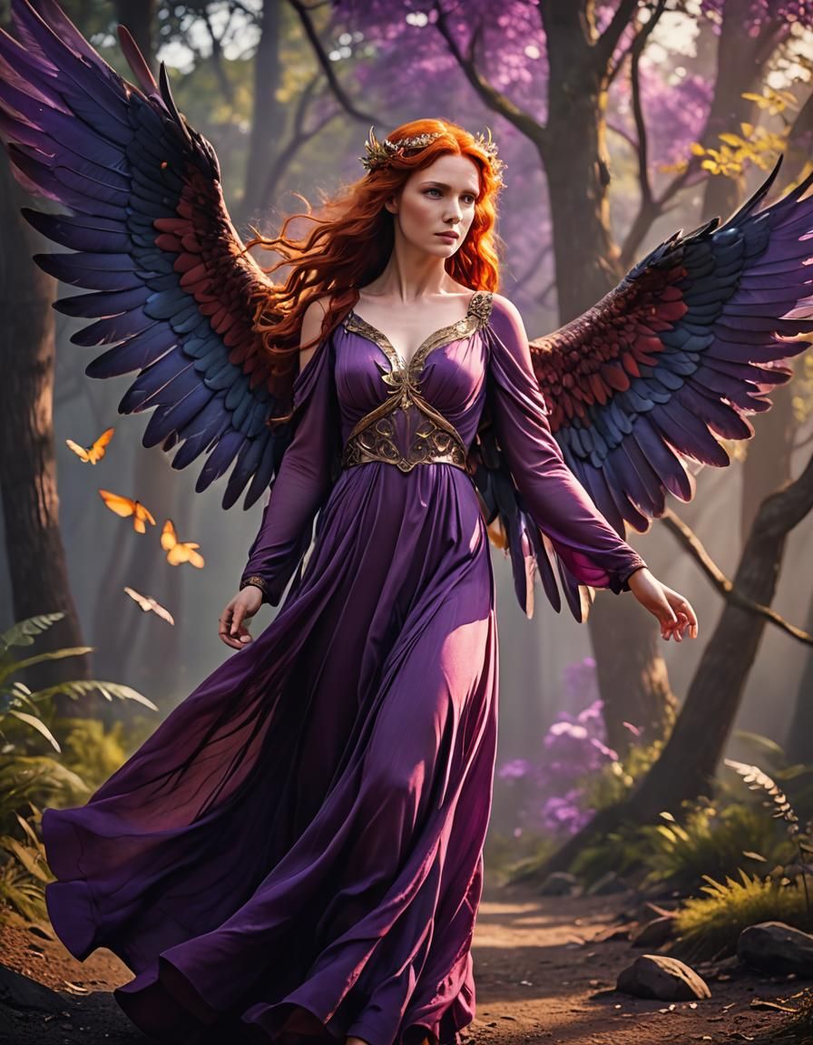 Red-Haired Angel in Purple Dress, Cinematic Style