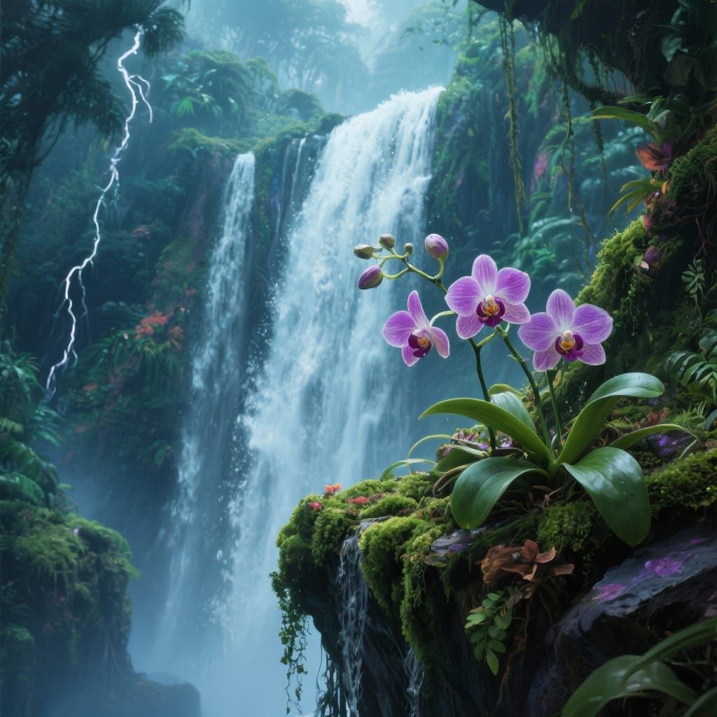 Rare Orchids Over Thundering Waterfall in Vibrant Jungle
