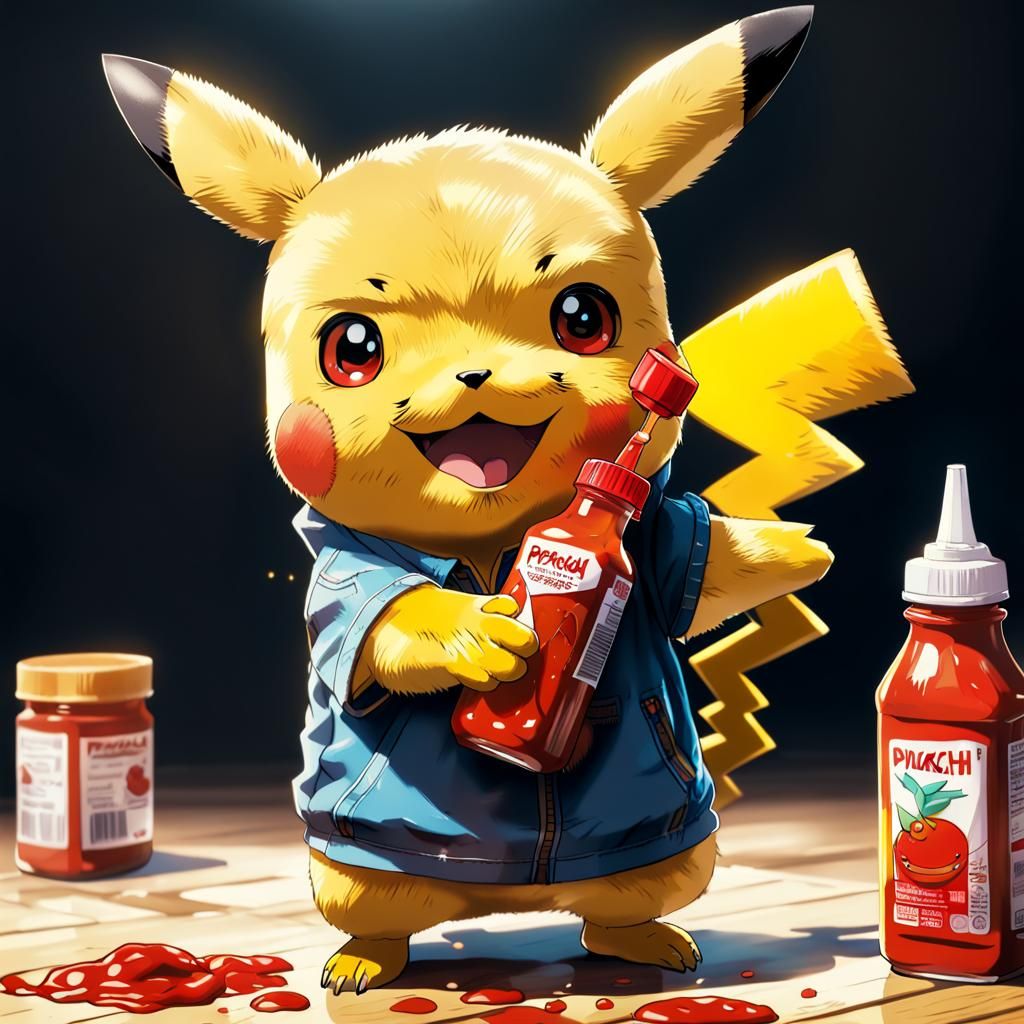 Pikachu with Ketchup Bottle in Anime Style
