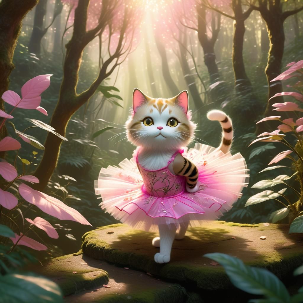 Ballet Cat in Forest: Miyazaki-Inspired Fantasy Art
