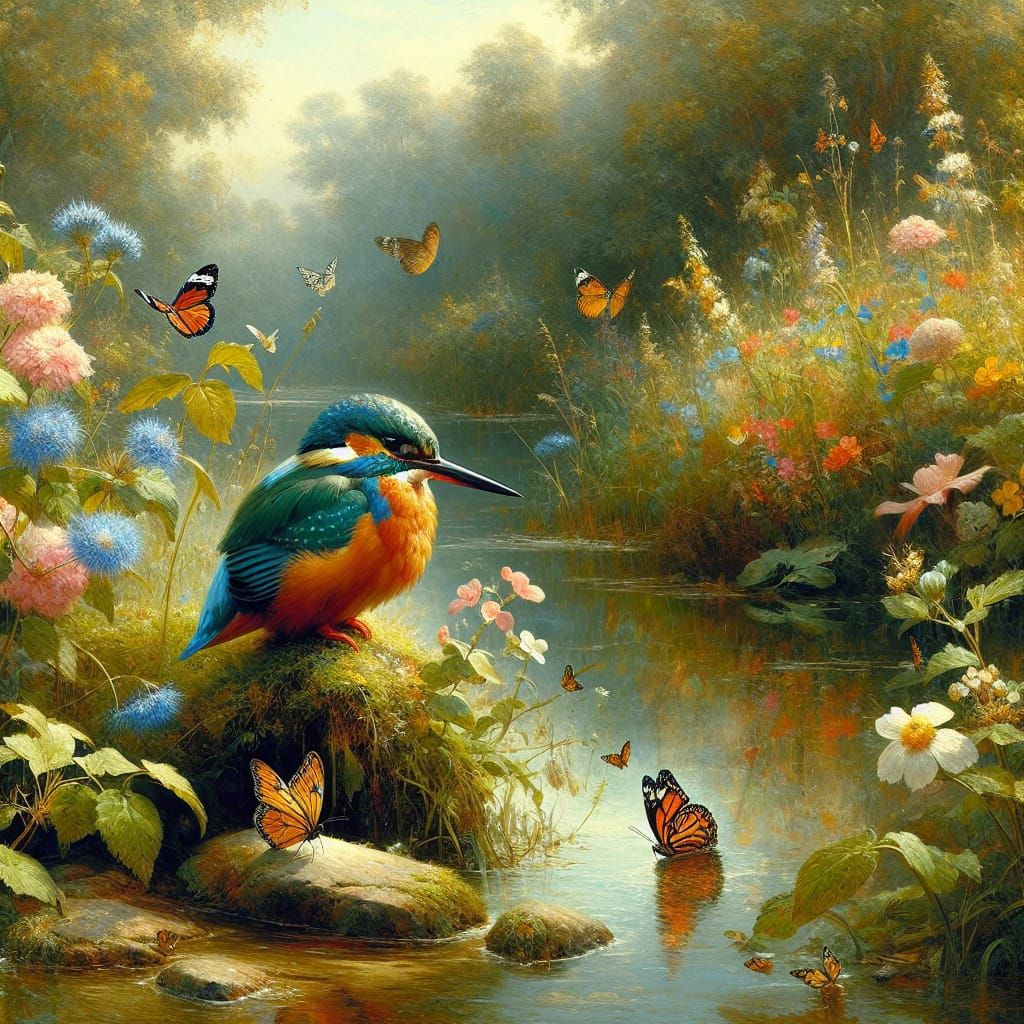 A Kingfisher in Morning Light, Oil Painting Style