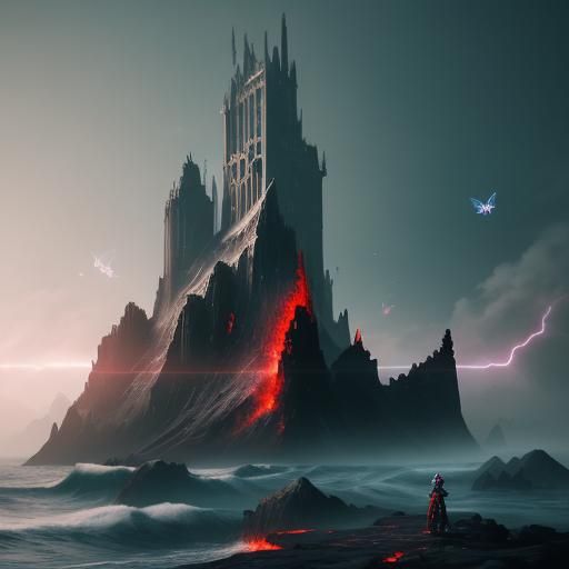 Surreal Cyberpunk Scene with Whales and Gothic Columns