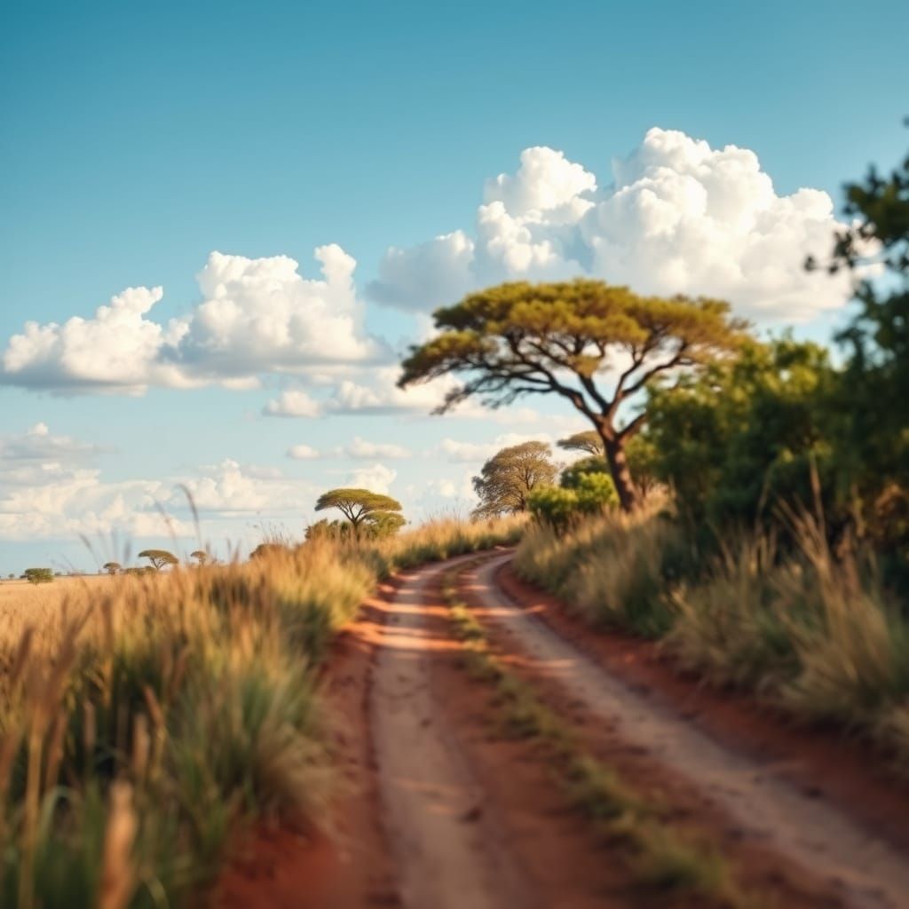 Savannah Path with Acacia Trees, Photorealistic Image