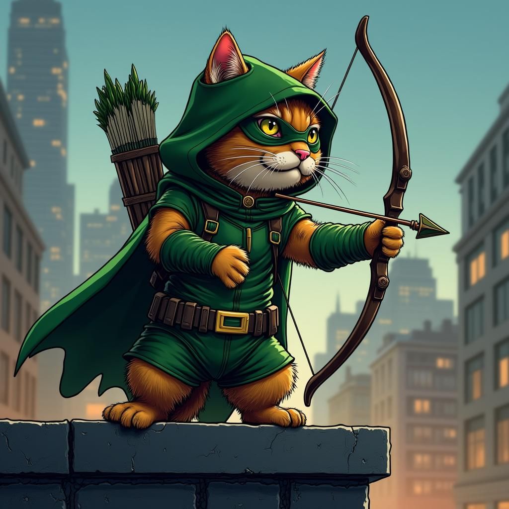 Tabby Cat as Green Arrow in Comic Book Style