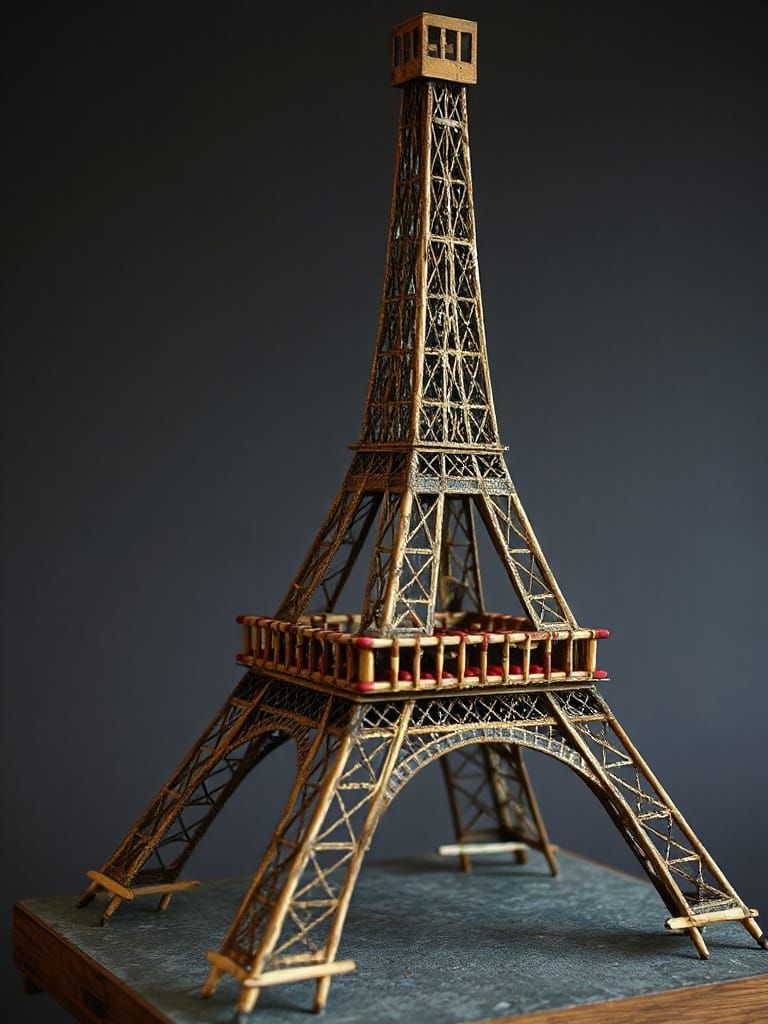 Eiffel Tower Made of Matches in Folk Art Style