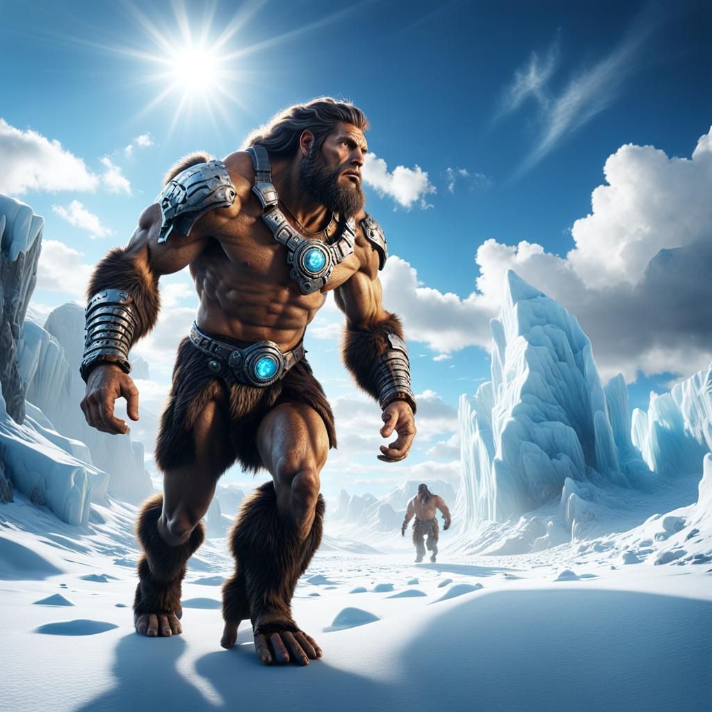 Cyborg Caveman in Ice Age Landscape