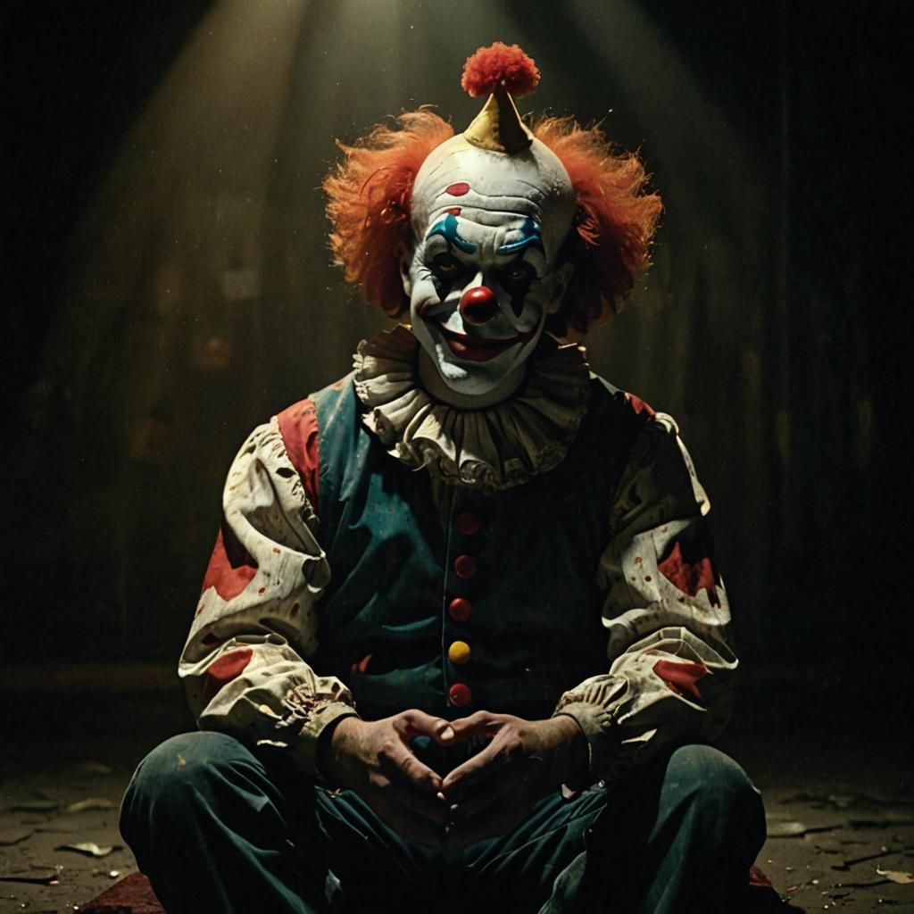 Melancholic Clown with Glowing Heart in Dark Surrealism