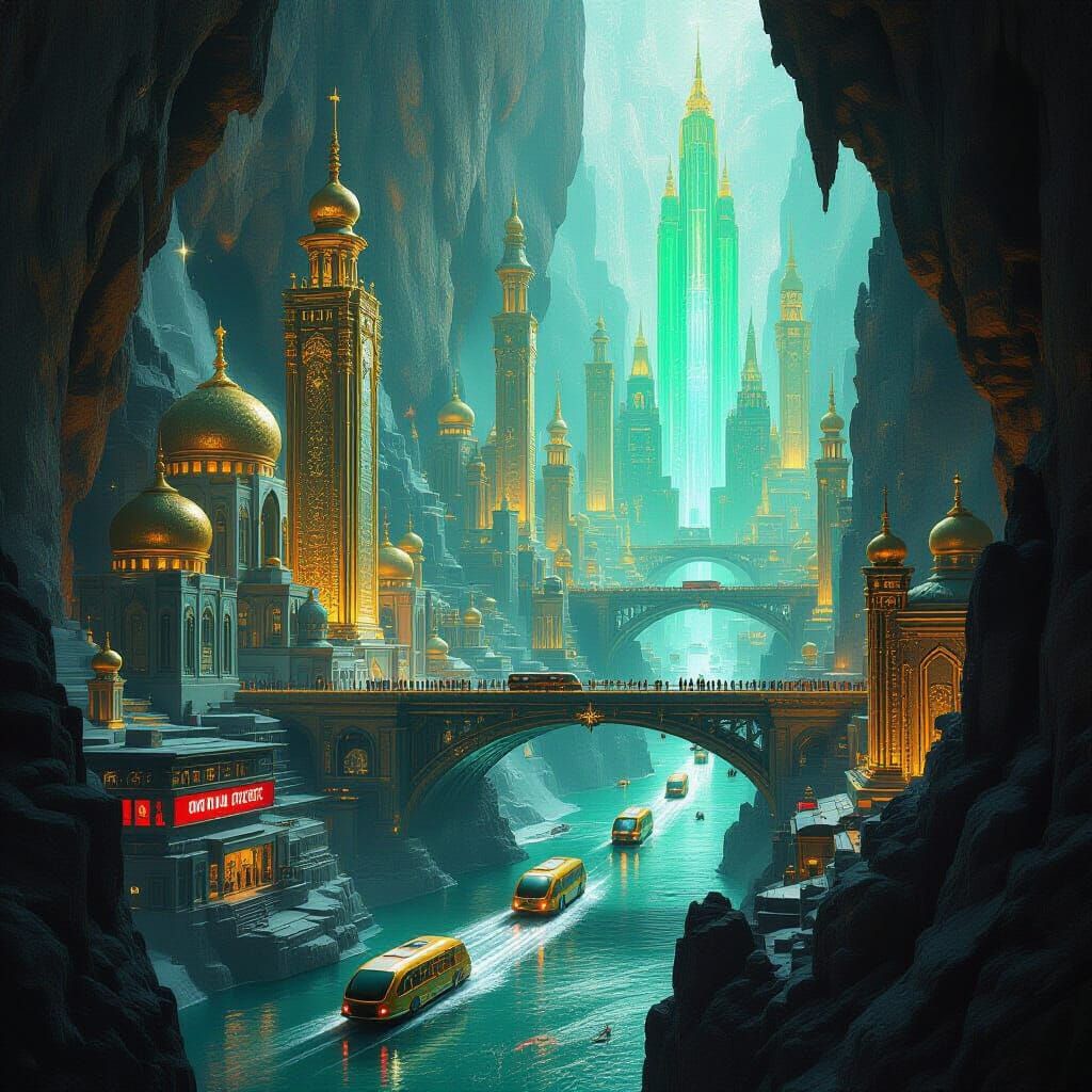 Underworld Cityscape with Jade Rainbow Lights