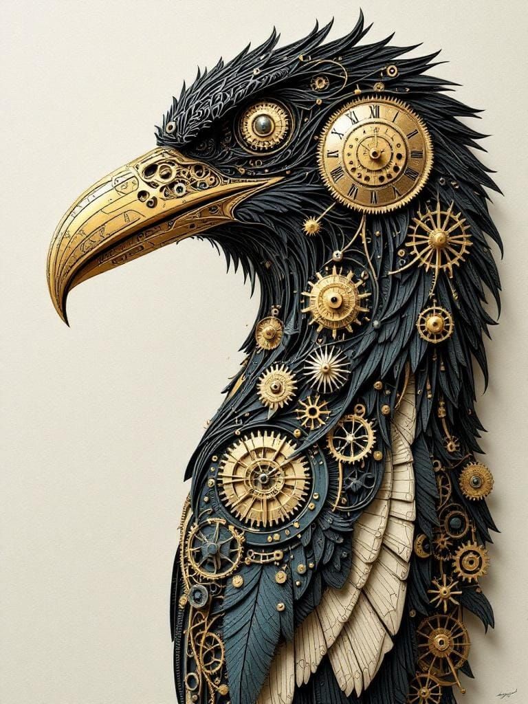 Victorian Mechanical Raven Totem Pole with Paper Quilling