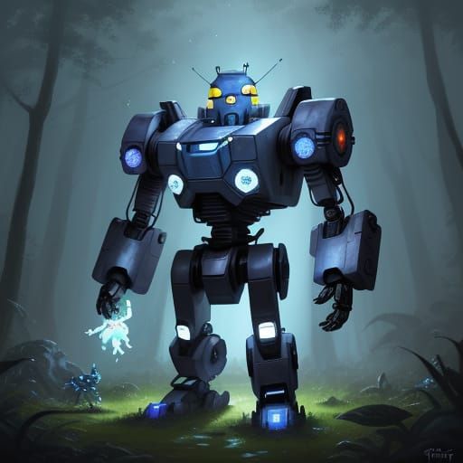 Robot's Twilight Adventure in Watercolor Forest