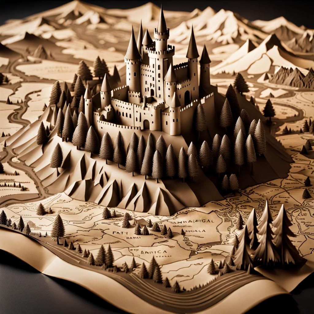 Fantasy World Map with 3D Elements in Sepia Tone