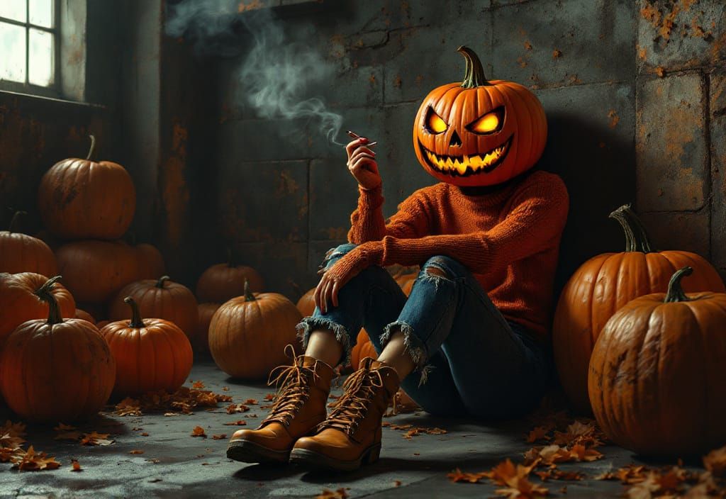 Pumpkin Character in Surreal Urban Halloween Scene