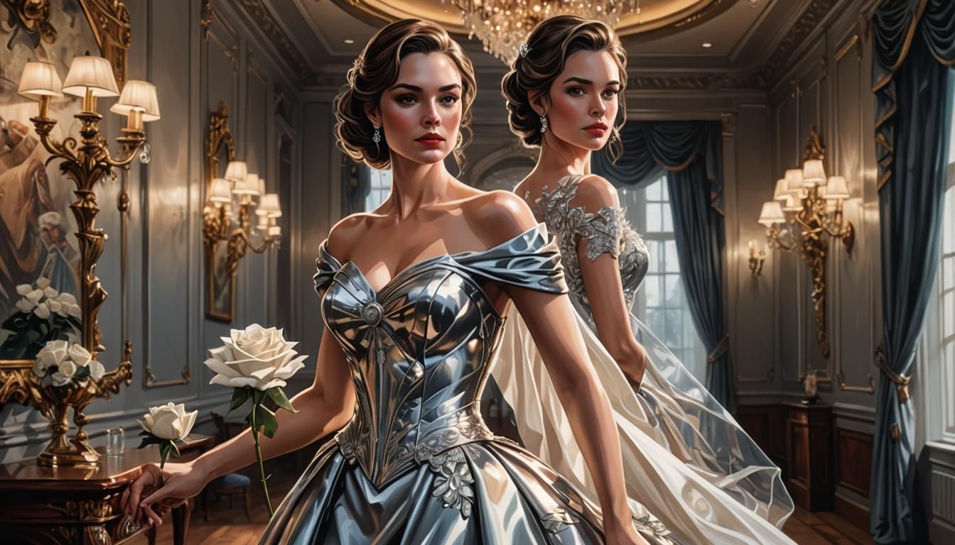 Elegant Woman in Ballroom with Rose, Comic Book Art
