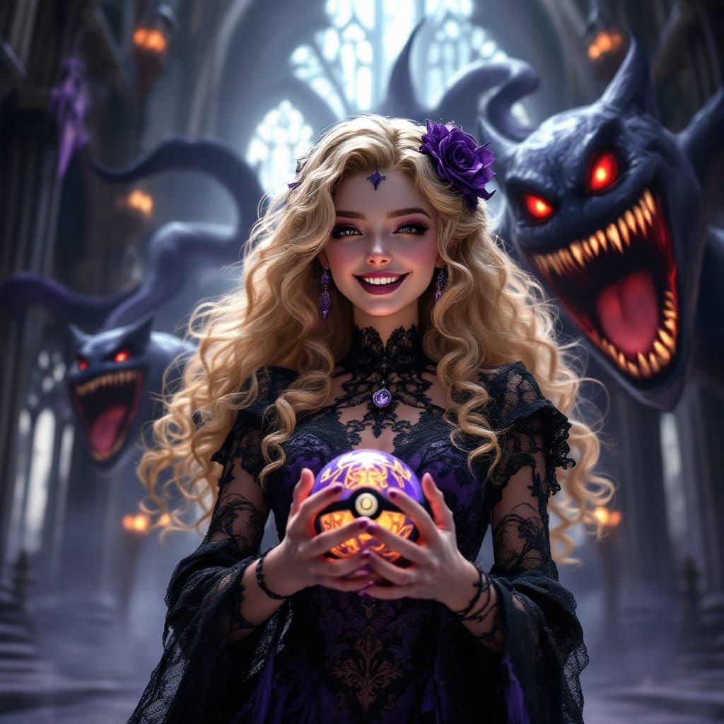 Anime Girl in Gothic Cathedral with Ghostly Gengar