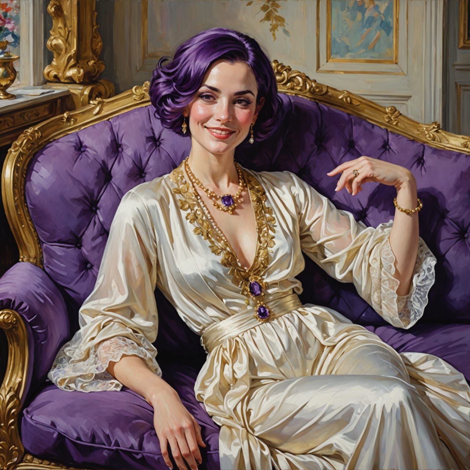 Woman in Chiffon Robe Reclining on Victorian Chaise Lounge