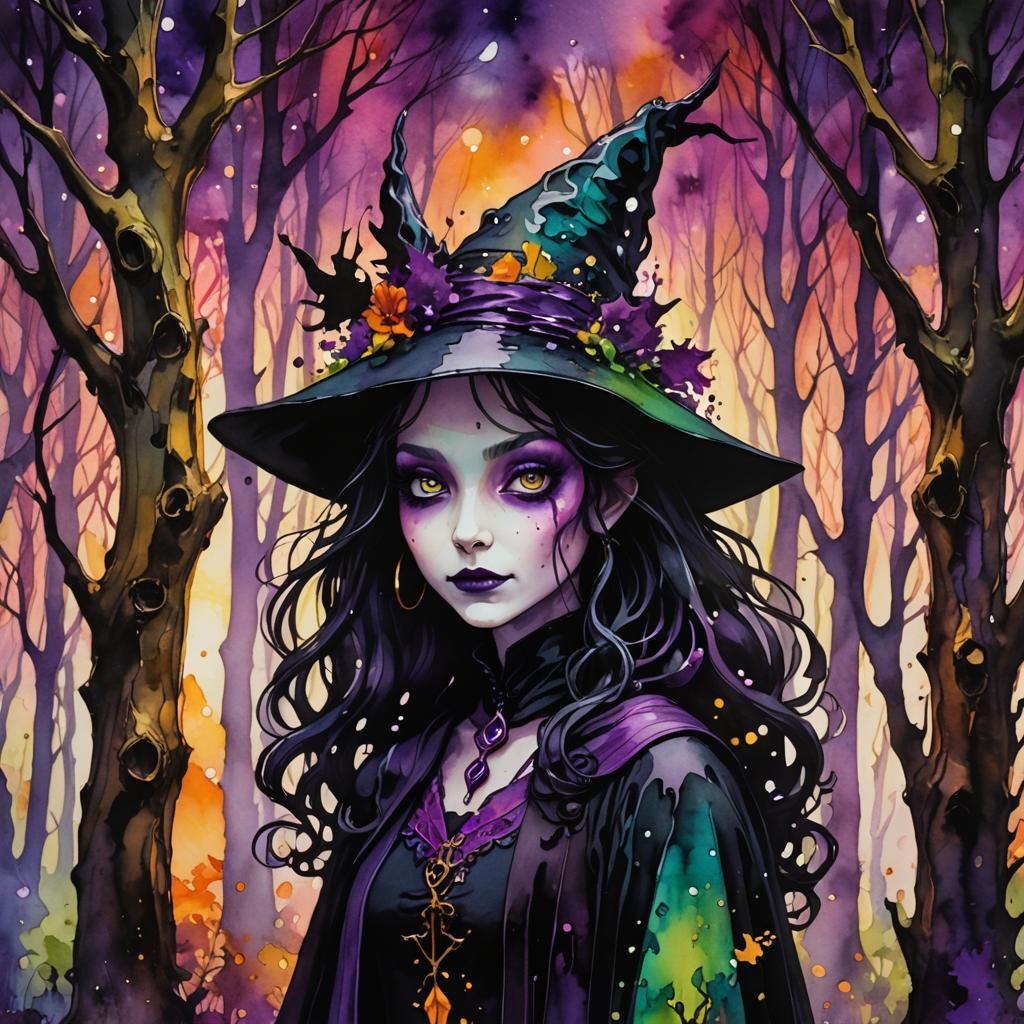 Eerie Silhouette Witch in Colorful Fantasy Woods