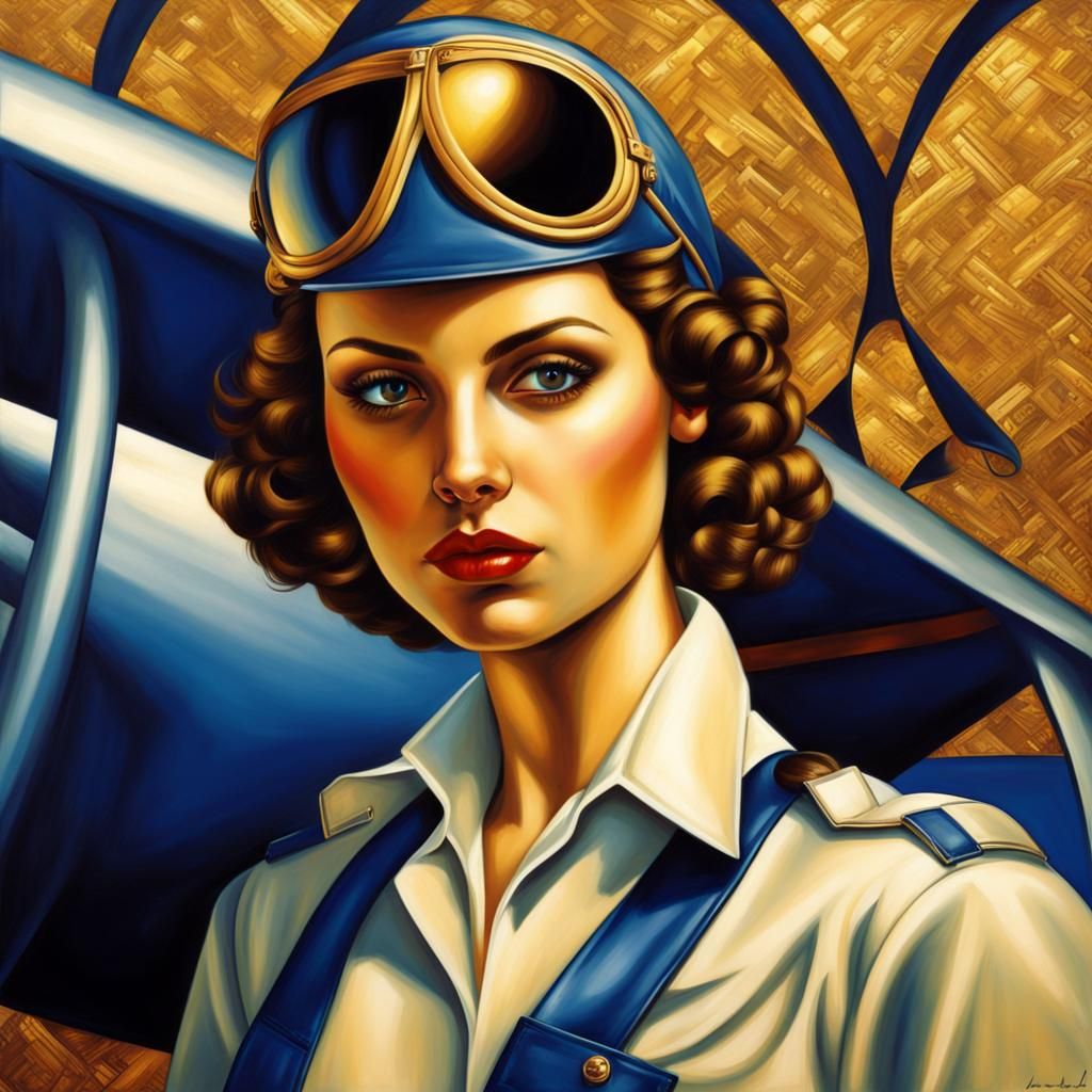 Woman Aviator in Art Deco Style with Gold Background