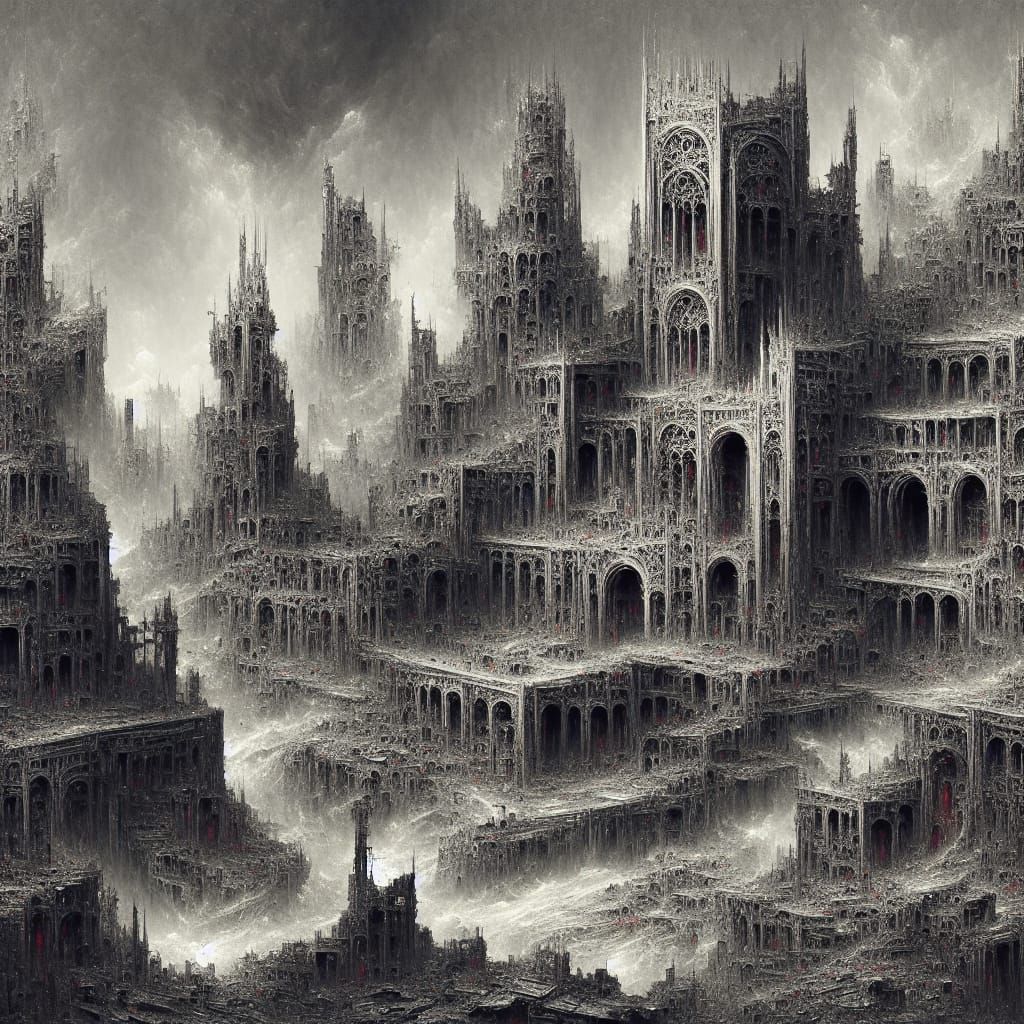 Dystopian City Ruins in Etching Style