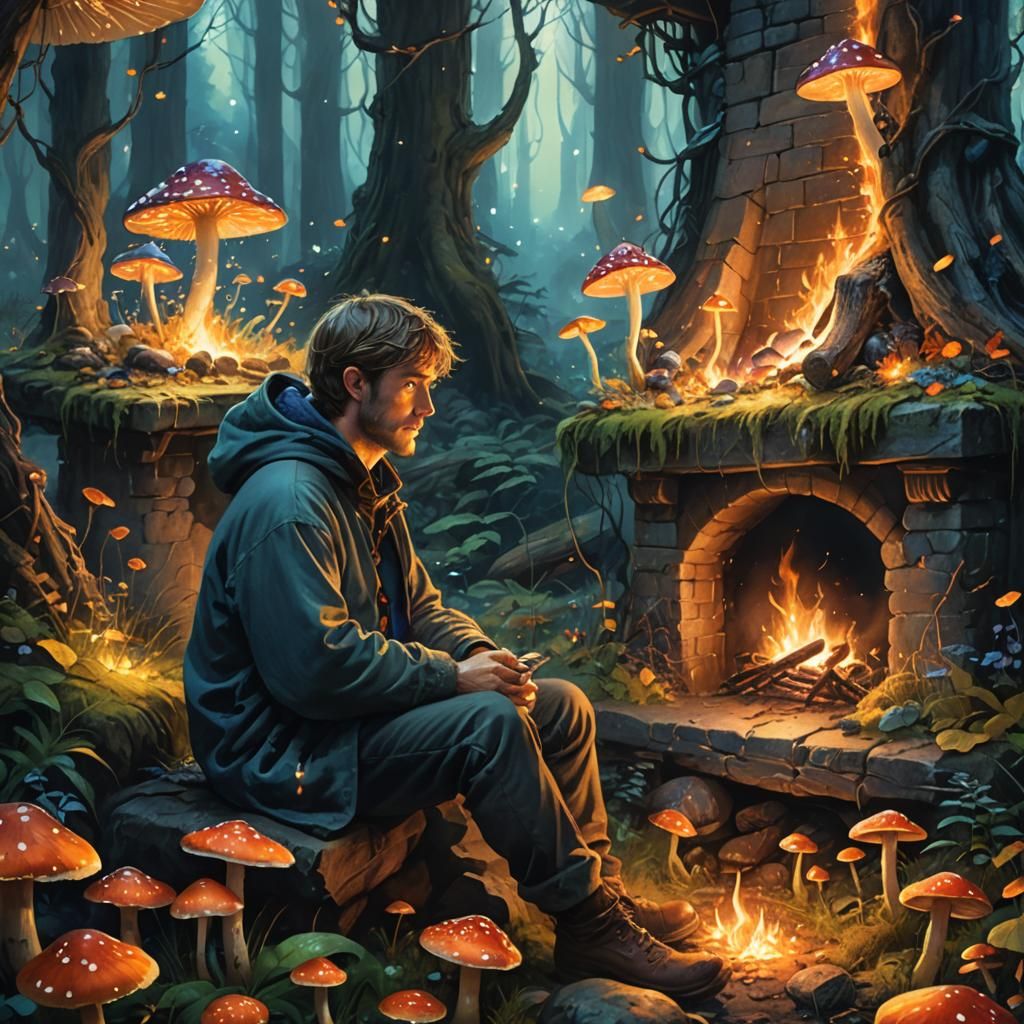 Enchanted Forest Fireplace Scene in Watercolor Style