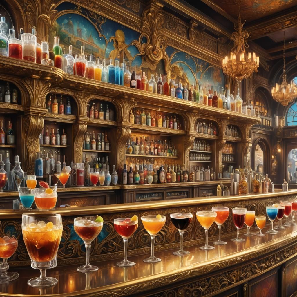Ornate Bar with Iconic Drinks in Golden Light