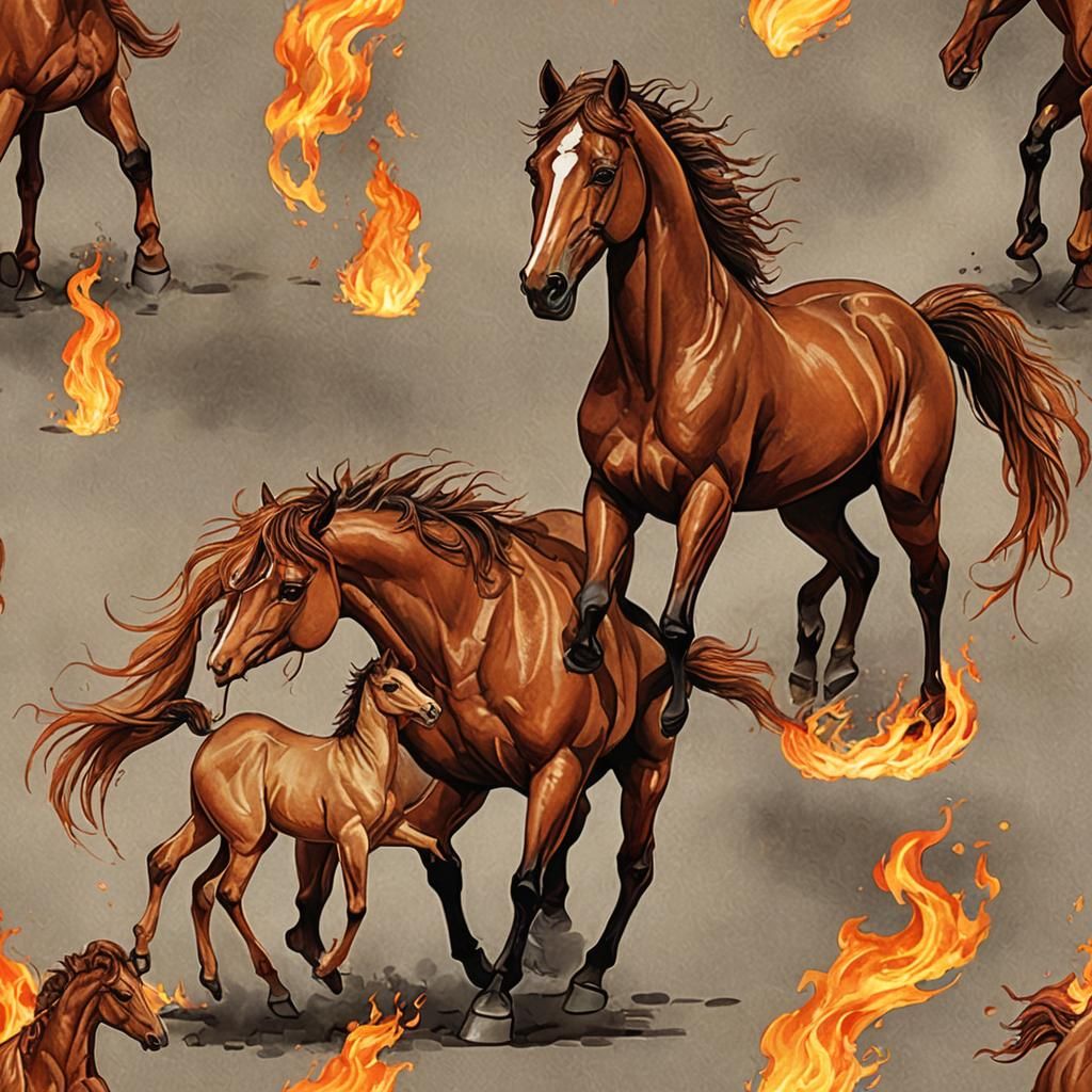 Fiery Horse and Foal in Vivid Colors