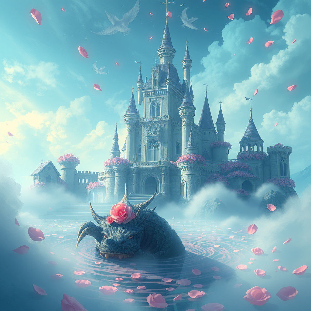 Aqua-Teal Castle with Rising Monster in Anime Style