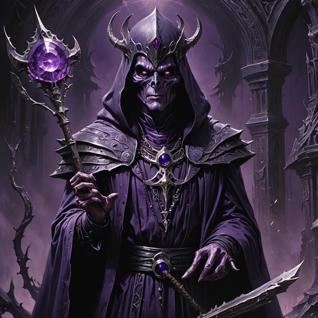 Verdan Warlock with Tome and Staff: Fantasy Art