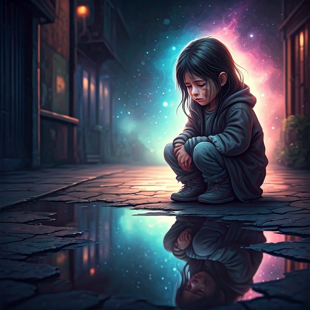 Homeless Girl's Radiant Reflection: Digital Art