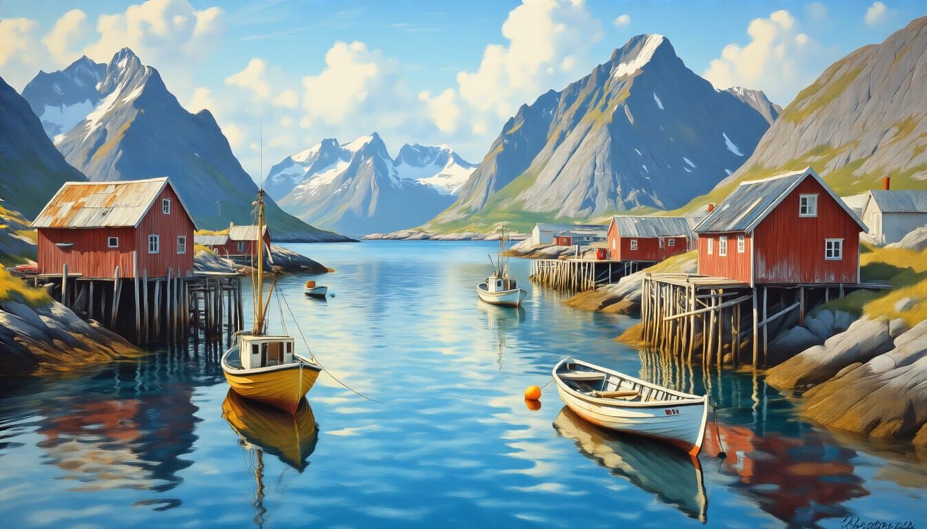 Lofoten Harbor Scene in Style of Franz Marc