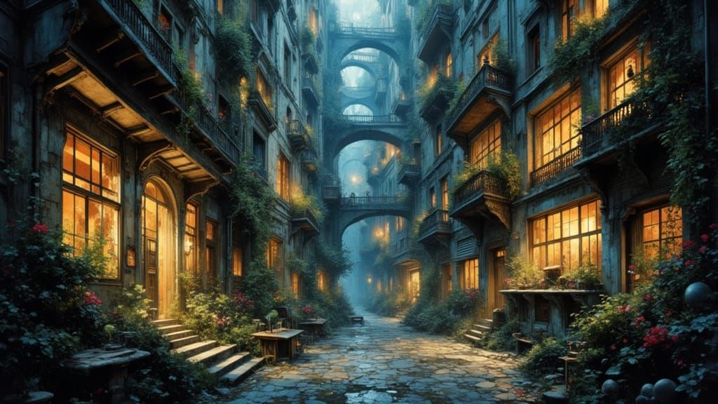 Hidden Courtyard Twilight Serenity in a Bustling City