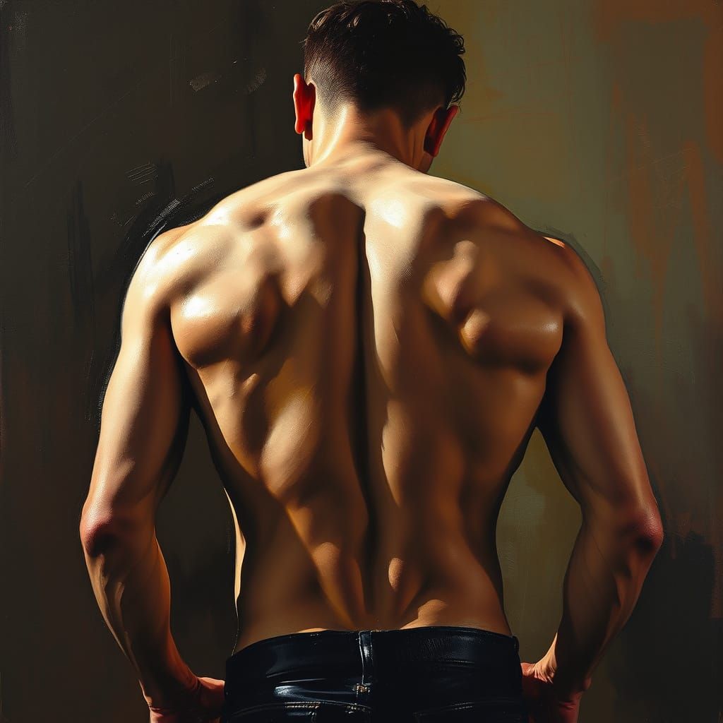 Muscular Male Figure in Dramatic Oil Painting