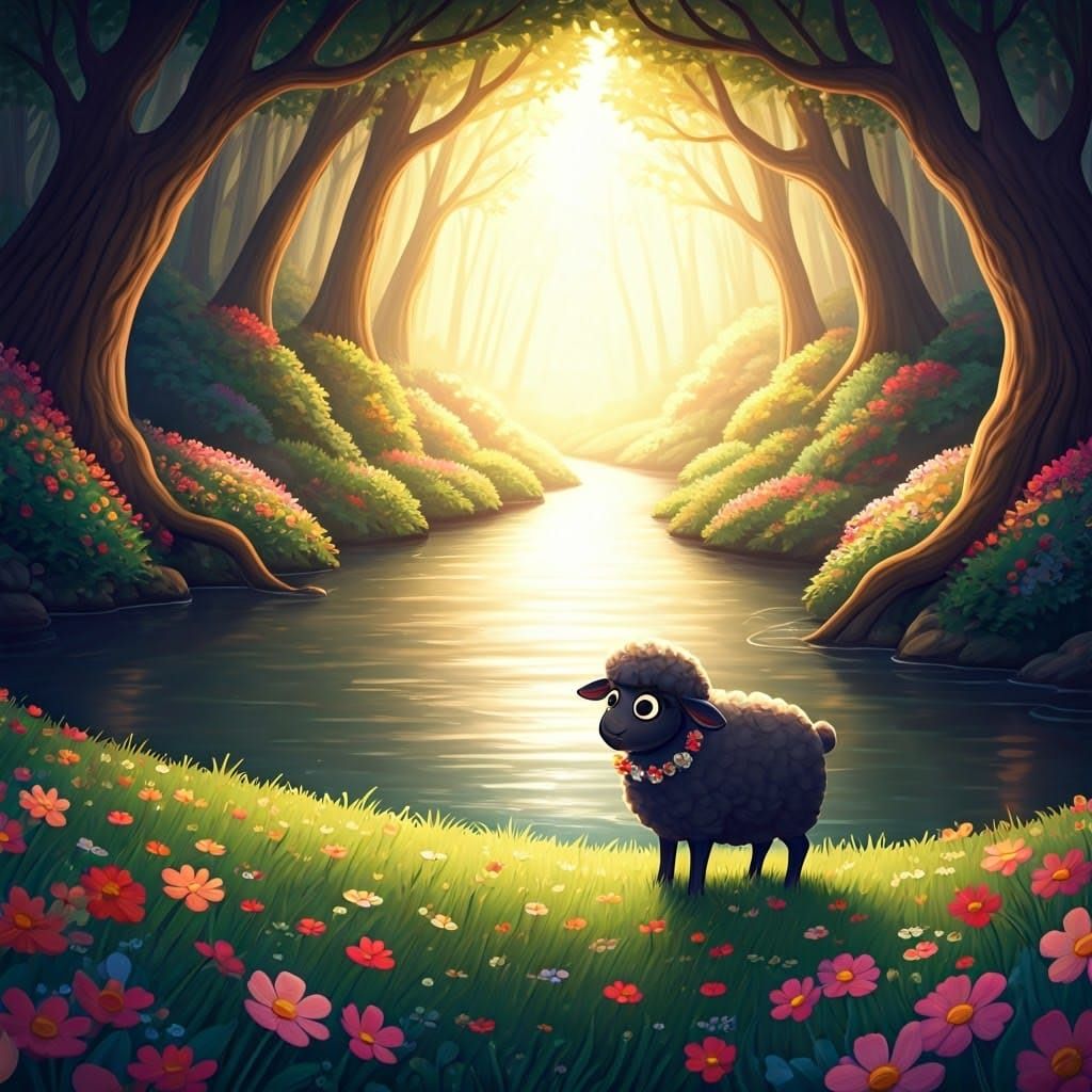 Cartoon Black Sheep Gazing at River, Whimsical Style