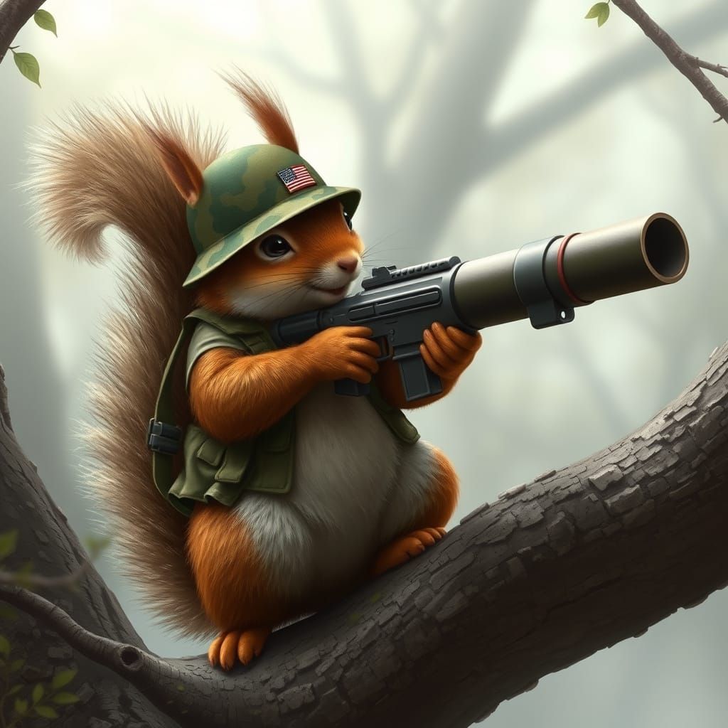 Squirrel Commander Fires Bazooka in Ethereal Forest